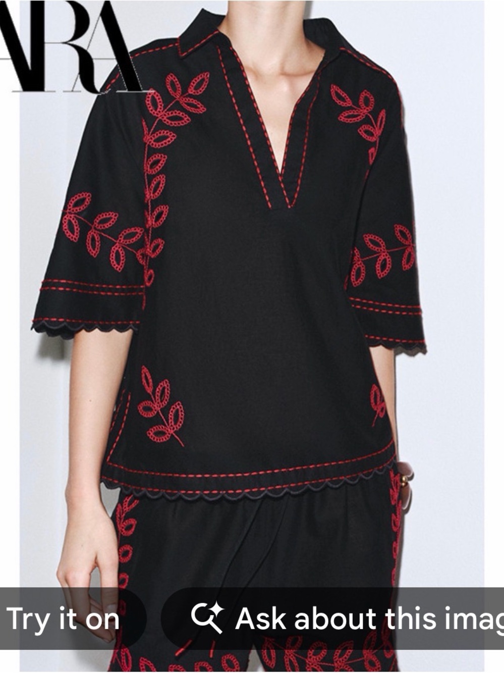 ZARA Black Tunic with Red Leaf Embroidery